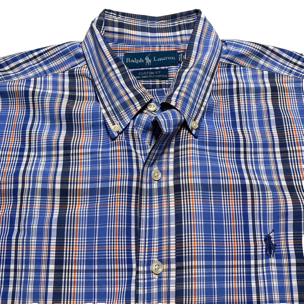 Ralph Lauren Shirt L Mens L/S Button Down Custom 2 Ply Blue Orange Plaid VGUC